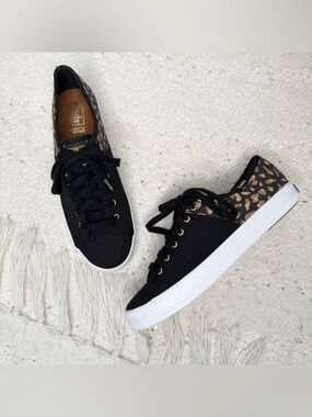 Keds black and cheetah print canvas sneakers 7 1/2 NWOT